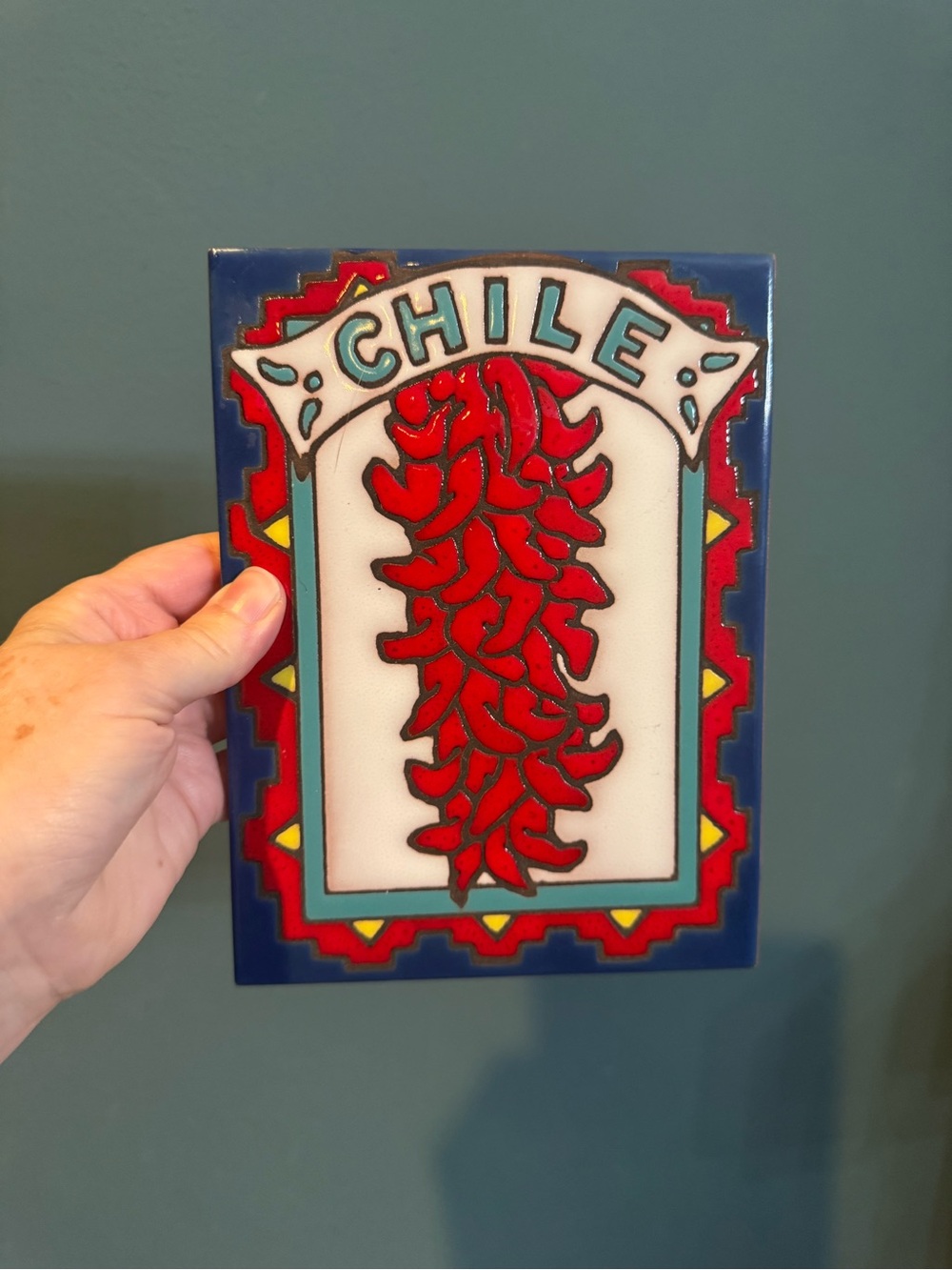 Southwestern Tile Trivet Walk Decor with Red Chilies on front
